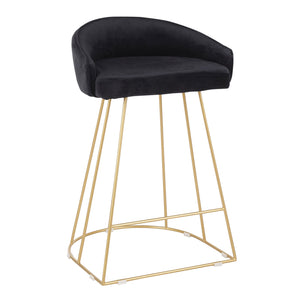 English Elm Canary Gold Metal Counter Stool with Velvet Upholstery, Curved Back and Cage Base — Set of 2 Black B202P221839