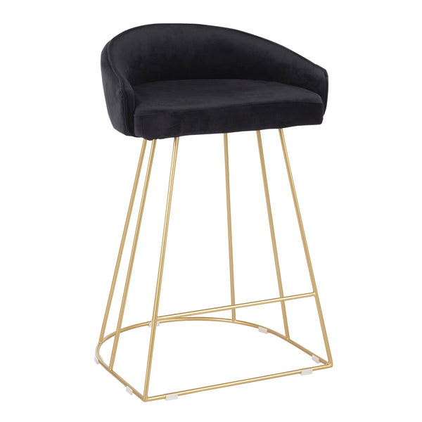 English Elm Canary Gold Metal Counter Stool with Velvet Upholstery, Curved Back and Cage Base — Set of 2 Black B202P221839