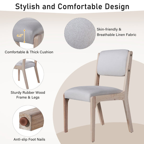 English Elm Wood Dining Chairs Set Of 2 - Modern Farmhouse Accent Chairs With Padded Seats In Beige Linen N842P300888A-GIGA