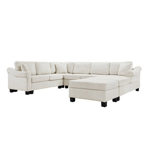 English Elm Sectional Plush chenille U-shaped sofa with pleated arms, pocket-spring seats & hidden ottoman storage White N719S000810K