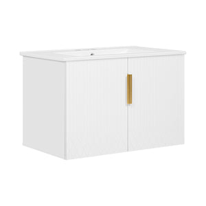 English Elm 60" Vintage Bathroom Vanity with Ceramic Sink Wall-Mount Modern Striped Design Durable MDF Wood Finish White N710SS00010K
