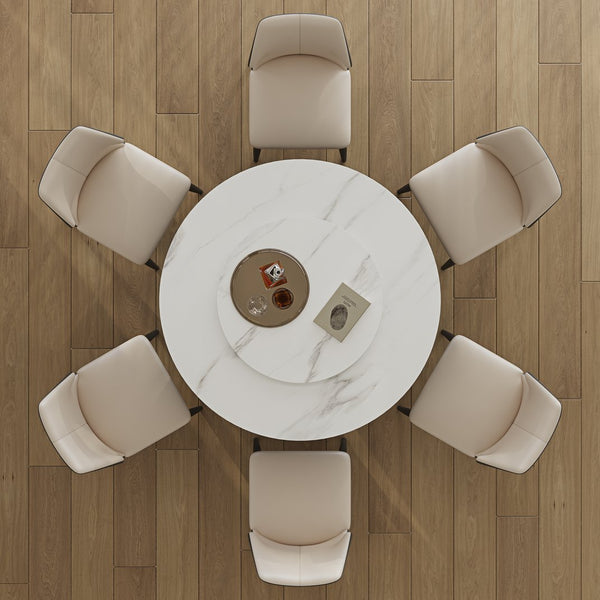 English Elm 59''Modern Sintered Stone Dining Table Set With 6 Chairs & Lazy Susan For Stylish Gatherings W509S00113