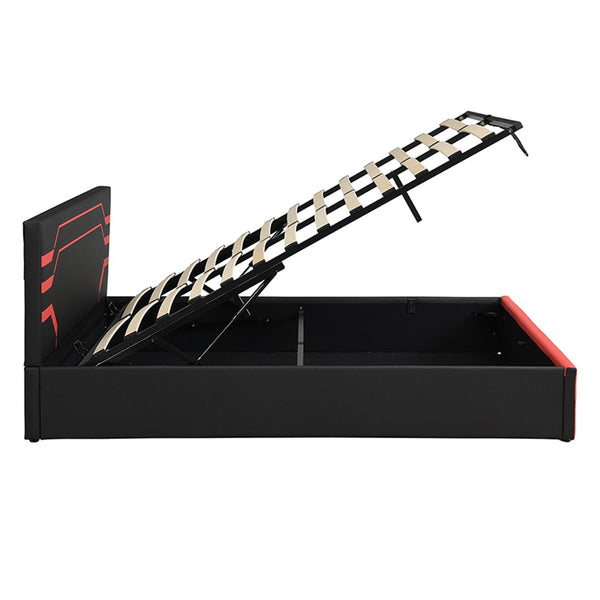 English Elm Modern Cyberpunk Queen Platform Bed Hydraulic Storage Pu Upholstered Gaming Frame Black+Red SF000205AAJ