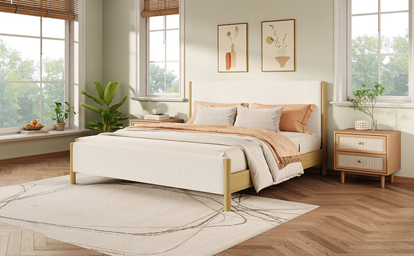 English Elm Christopher Knight Home® - Modern White Boucle Upholstered Bed With Eco-Friendly Rubberwood Legs - King Size, Stylish Comfort N769P266448W