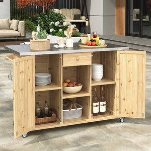 English Elm Outdoor Kitchen Island Solid Fir Wood with Foldable Stainless Top, Ample Storage, Wheels, Opener Natural Wood N719P246553Y