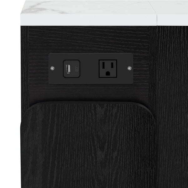 English Elm TREXM Extendable Dining Table with LED Light Strip, Built-In USB/Type-C Outlet, Rolling Space-Saver Cabinet Black,White Marble XW000024AAB