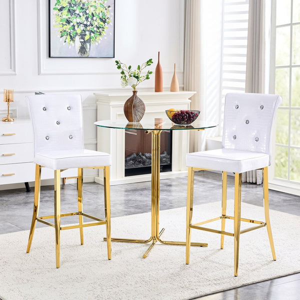 English Elm A Set of 2 Glam Faux Alligator Pvc Barstools with Crystal Buckle Detail White W1512P491589