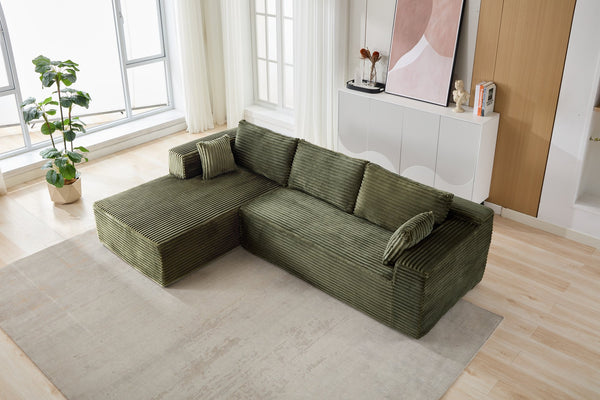 English Elm Compression Sectional Couch – Cozy Green Corduroy L-Shaped Sofa With Chaise For Small Spaces & Lounging W3723S00003