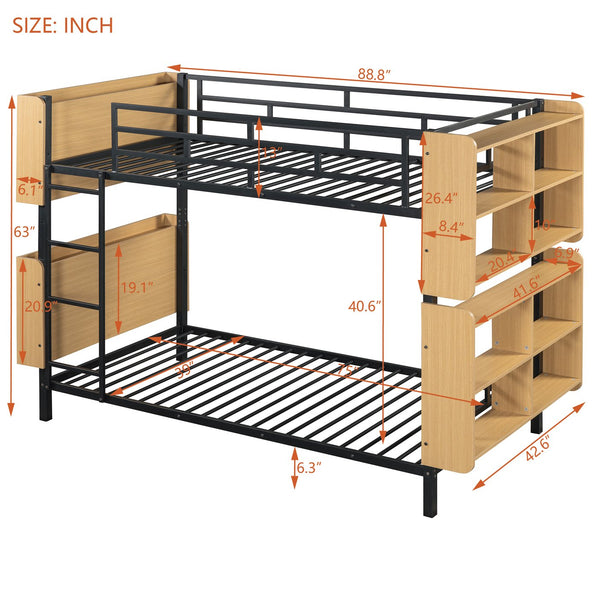 English Elm Twin Metal Bunk Bed with Built-In Headboard Storage and Footboard Shelves, Sturdy Space-Saving Design Black SF000176AAB