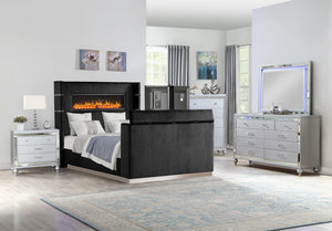 English Elm Lavish Modern 5-Piece King Bedroom Set With Fireplace Headboard & Tv Stand Footboard In Black Wood B009S02114