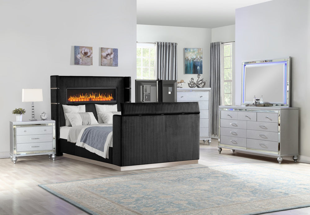 English Elm Lavish Modern 5-Piece Queen Bedroom Set With Fireplace Headboard & Tv Stand In Footboard, Black B009S01414