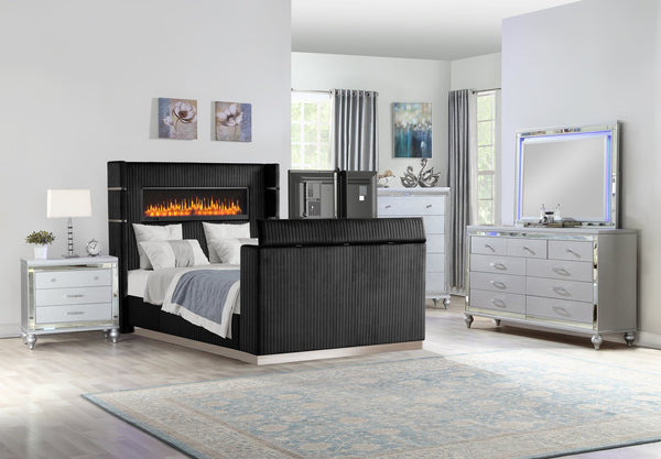 English Elm Lavish Modern 5-Piece Queen Bedroom Set With Fireplace Headboard & Tv Stand In Footboard, Black B009S01414