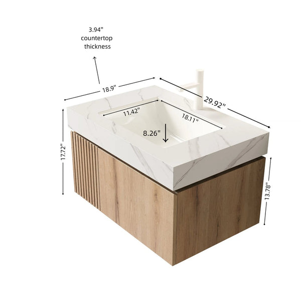 English Elm Muri Floating Bathroom Vanity with Sintered Stone Top and White Oak Plywood Cabinet W2615S00624