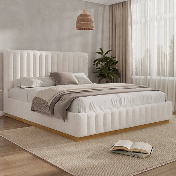 English Elm King Upholstered Bed Linen Channel Stitch Tall Headboard Solid Wood Slatted Base N757K339014I