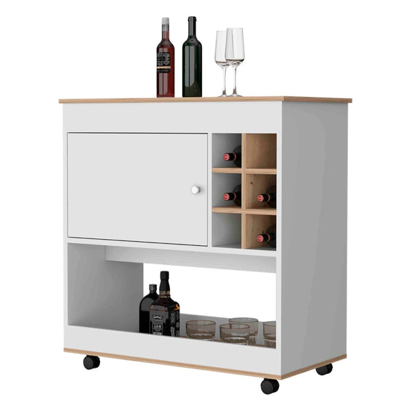 English Elm Seattle Tall Bar Cabinet with Eight Bottle Cubbies Open Shelving and Enclosed Storage B128P322513