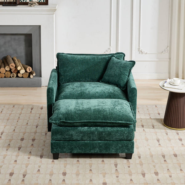 English Elm Cloud Velvet Ottoman with Double-Layer Cushion, Modular Modern Sectional Accent Seat, Breathable Chenille Upholstery, Adjustable Backrest Green W1143P310516