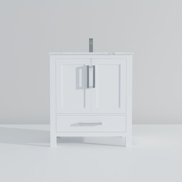 English Elm White 30 in. Bath Vanity with Carrara Marble Top, Soft-Close Drawer, Chrome Faucet, Spacious Storage B2731P258993
