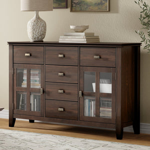 English Elm Artisan Solid Pine Buffet Sideboard with Glass Doors and Drawers for Dining Rooms B136P439019
