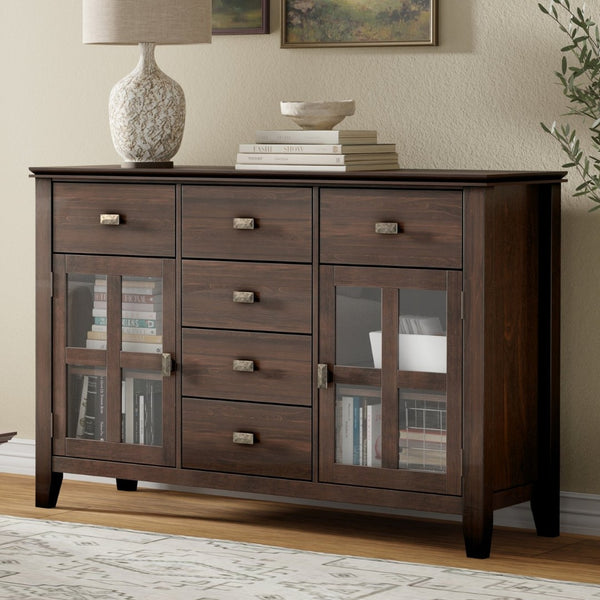 English Elm Artisan Solid Pine Buffet Sideboard with Glass Doors and Drawers for Dining Rooms B136P439019