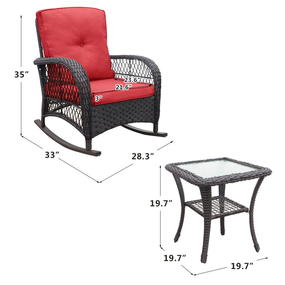 English Elm 3 Piece Outdoor Wicker Rocking Bistro Set with Glass Top Table Patio Porch W1889P500208