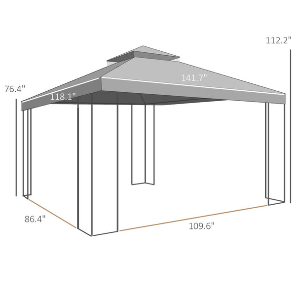 English Elm Outdoor Double Roof Gazebo with Mesh Netting Corner Shelves and Steel Frame T3971P426876