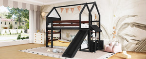 English Elm Full Size Pine Loft Bed House Frame with Slide Bookshelves and Moon Star Rails W1580S00311