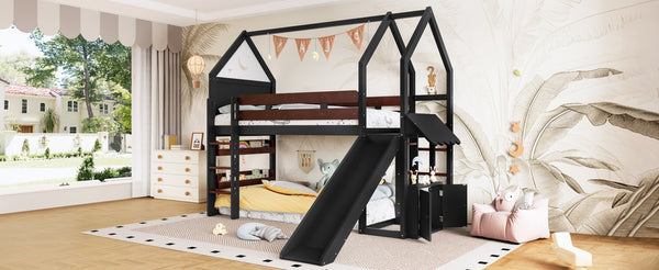 English Elm Full Size Pine Loft Bed House Frame with Slide Bookshelves and Moon Star Rails W1580S00311