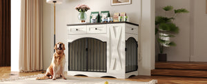 English Elm Go Farmhouse White Wood Dog Crate End Table with Three Drawers and Iron Door Panels N704P338959K