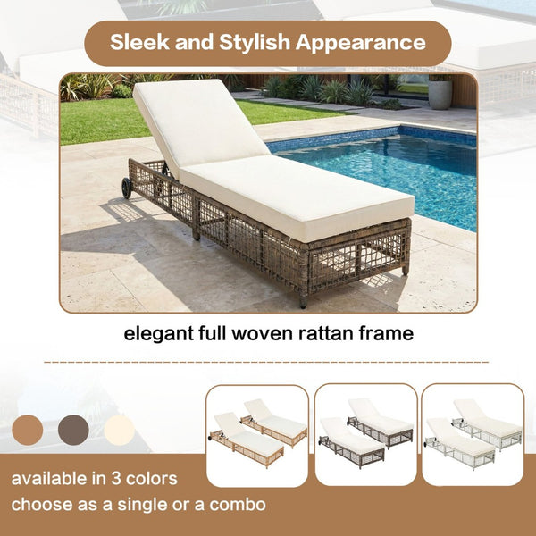English Elm Trexm Outdoor Pe Rattan Chaise with Adjustable Backrest Cushion and Wheels for Poolside Beige,Grey Brown N715P207900N