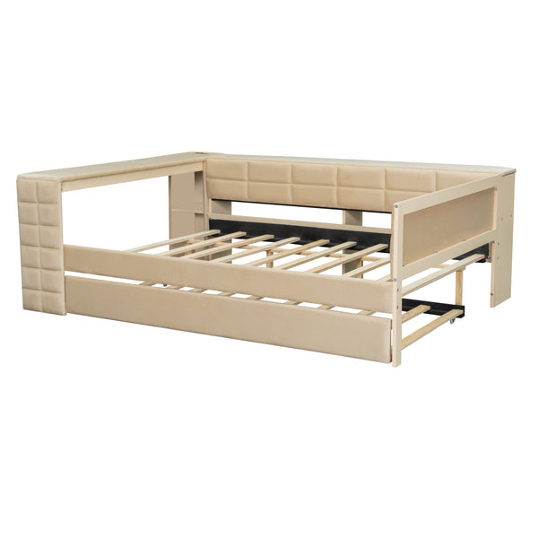 English Elm Full Size Upholstered Platform Bed With Desk, Usb Charging, Trundle & Storage Shelves In Beige Velvet N7090000604A
