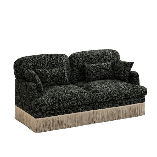 English Elm Comfy Chenille Leopard Print Loveseat with Tassel Trim Modular Sectional for Living Room Green Black W5656S00028