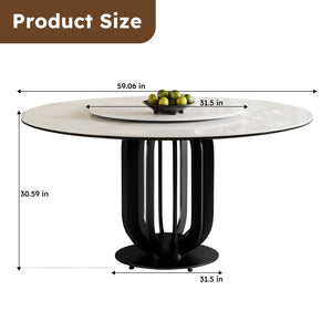 English Elm 59" Round Sintered Stone Dining Table With Lazy Susan & Black Steel Base - Ideal For Modern Spaces W2699S00036