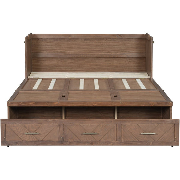 English Elm Queen Cabinet Murphy Bed Pine Wood Frame Geometric Panel Usb Charging Guest Room W504S00306