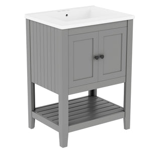 English Elm 24" Modern Sleek Bathroom Vanity with Ceramic Sink, Solid Wood Frame, Waterproof Finish and Open Shelf Storage Grey N725P246473E