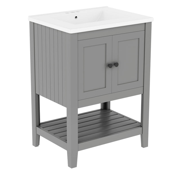 English Elm 24" Modern Sleek Bathroom Vanity with Ceramic Sink, Solid Wood Frame, Waterproof Finish and Open Shelf Storage Grey N725P246473E