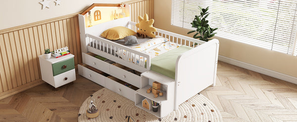 English Elm Low Twin Loft Bed with House-Style Headboard and Built-In LED Lights for Modern Kids' Rooms White 42.91 L x 28.35 W x 6.69 H W2593S00006