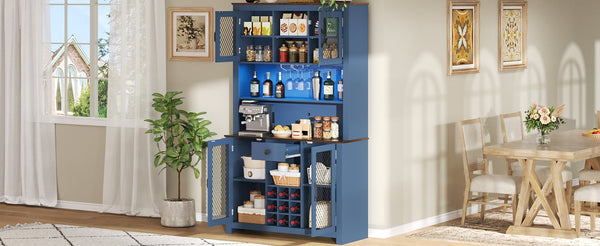 English Elm 70.9" Farmhouse Hutch Pantry with Led Lighting Wine Rack Mesh Doors and Built-in Power Navy Blue CH361426AAL