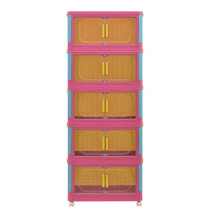 English Elm Happy 20" Side Wide Folding Storage Cabinet with 5 Tiers, Wheels, Magnetic Door, Durable PP Design Pink+Blue W2873P279886