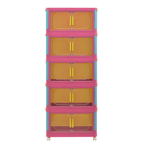 English Elm Happy 20" Side Wide Folding Storage Cabinet with 5 Tiers, Wheels, Magnetic Door, Durable PP Design Pink+Blue W2873P279886