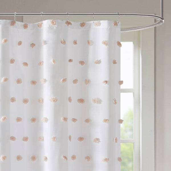JLA Home Madison Park - Shower Curtain with Soft Fabric Pom-Poms on White Ground — Textured, Machine-Washable 72"x72" Blush MP70-7471
