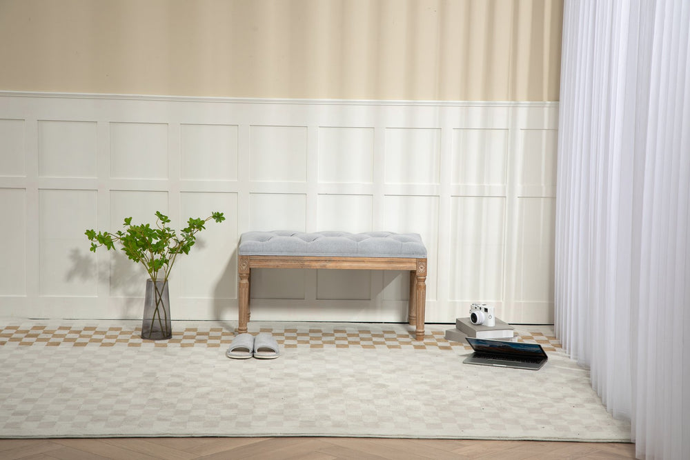 English Elm 32"inch French Vintage Tufted Bedroom Bench - Light Gray Upholstered End-of-Bed Ottoman with Wood Legs, Memory Foam Comfort (32.3x5.7x17) W1762P187892