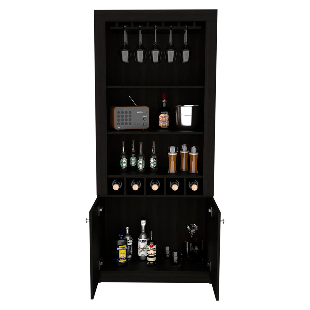 English Elm Montenegro Tall Black Bar Cabinet with Wine Storage Open Shelving and Glass Rack B070S00343