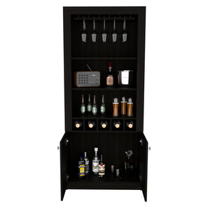 English Elm Montenegro Tall Black Bar Cabinet with Wine Storage Open Shelving and Glass Rack B070S00343