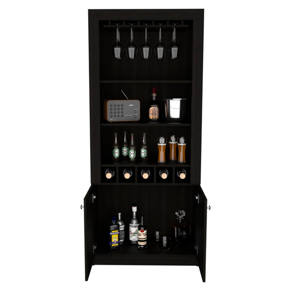 English Elm Montenegro Tall Black Bar Cabinet with Wine Storage Open Shelving and Glass Rack B070S00343