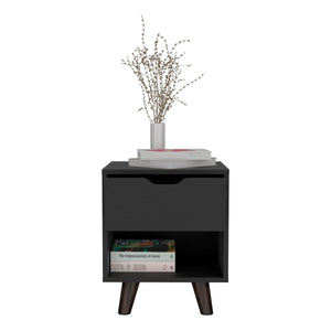 English Elm Crail Nightstand Black with Drawer & Open Shelf, Engineered Wood, Wooden Legs, Modern Durable Design B200P188873