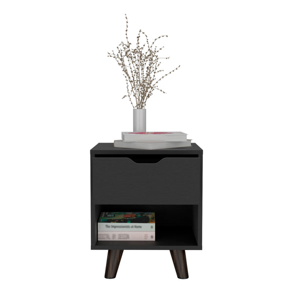 English Elm Crail Nightstand Black with Drawer & Open Shelf, Engineered Wood, Wooden Legs, Modern Durable Design B200P188873