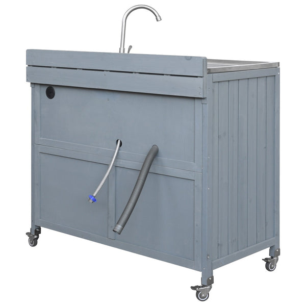 English Elm K&k Outdoor Prep Station Stainless Steel Top Fir Wood Cabinet with Drawer and Wheels N707P370281G
