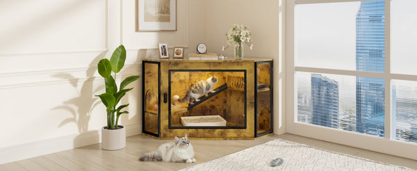 English Elm 48" Corner Mdf Cat Litter Enclosure Cabinet with Led Acrylic Door and Play Loft Tiger N704P402446D