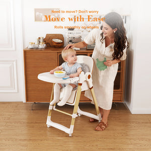 English Elm Convertible Baby High Chair to Rocker with 5-Point Harness, Foldable Feeding Seat, Quiet Wheels, Easy-Clean Tray and Adjustable Recline for Infants and Toddlers White W2699P371974