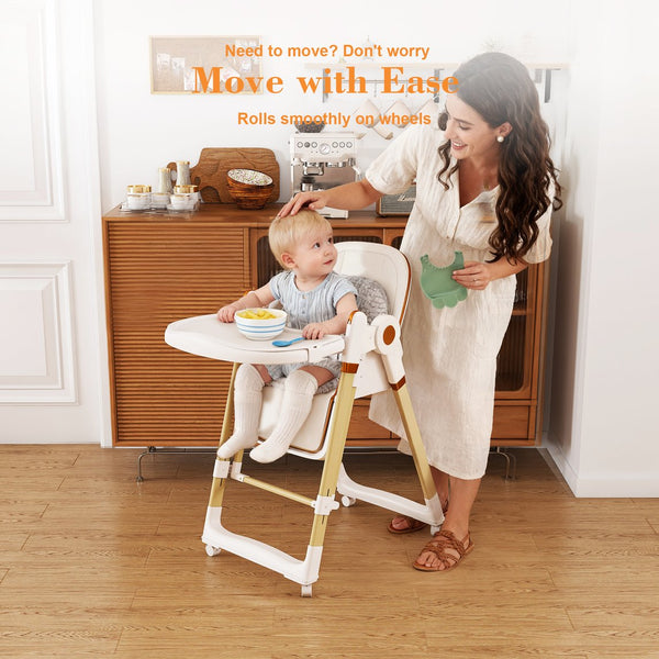 English Elm Convertible Baby High Chair to Rocker with 5-Point Harness, Foldable Feeding Seat, Quiet Wheels, Easy-Clean Tray and Adjustable Recline for Infants and Toddlers White W2699P371974